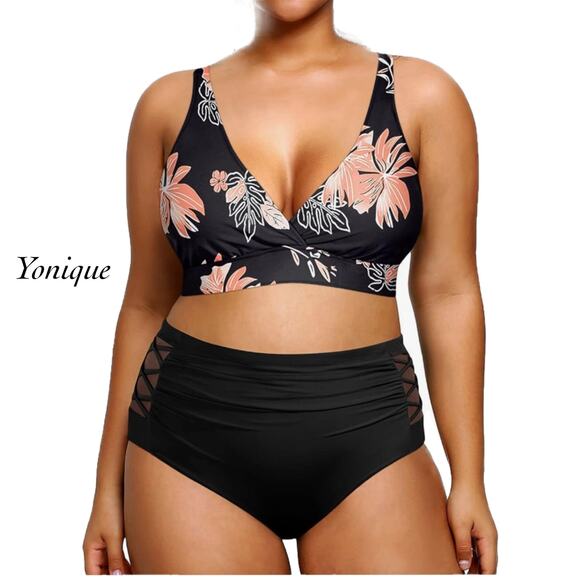 Yonique Black Coral Floral High Waisted Plus Size Bikini Swimwear NWT Size 12W - Picture 1 of 11